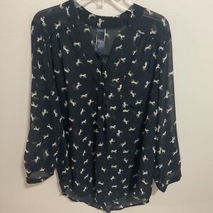 Women’s Blue Rain Sheer Equestrian Themed Blouse, Medium